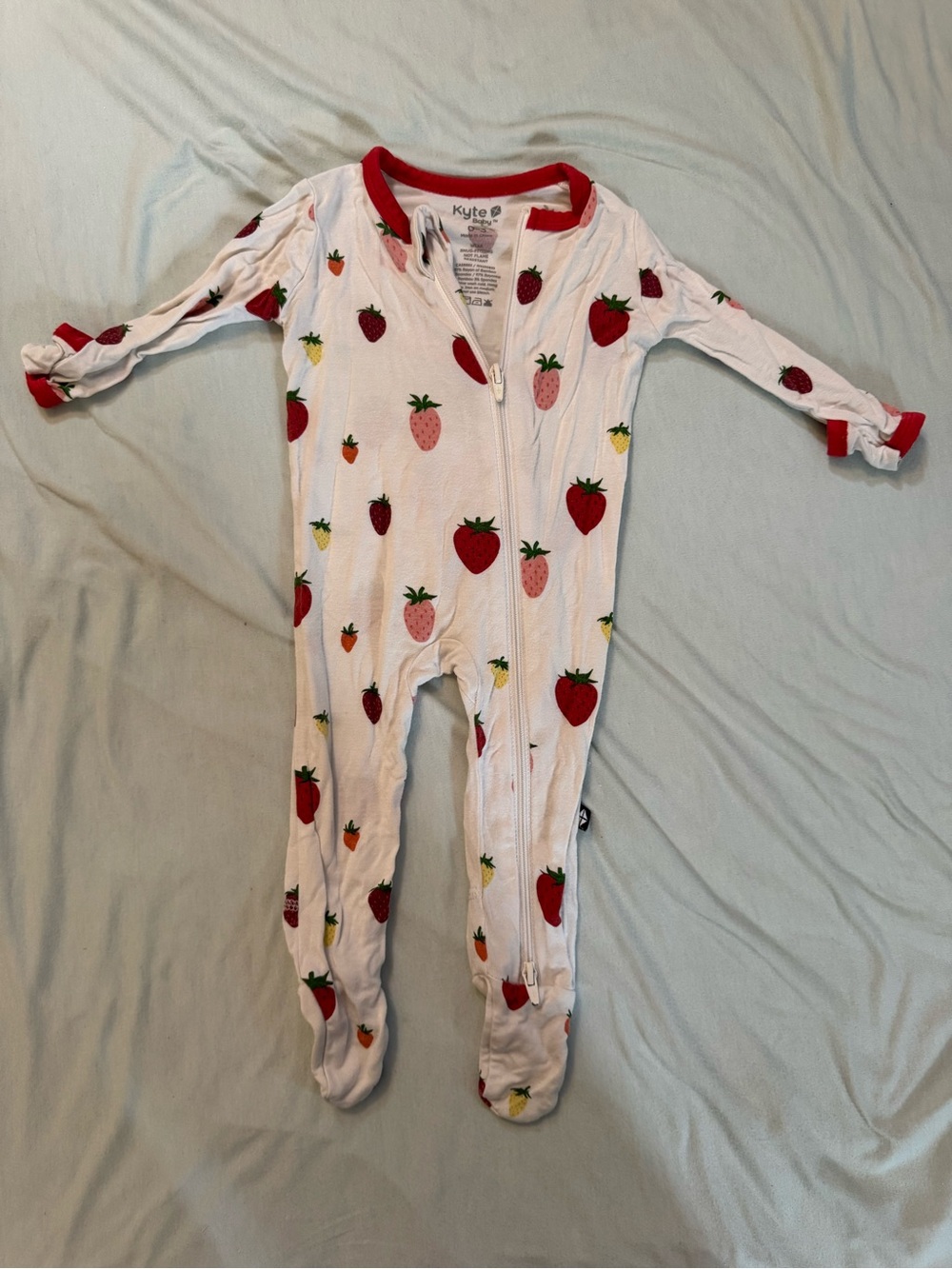 Kyte BABY White Strawberry-Print Zip Footie with Red Trim